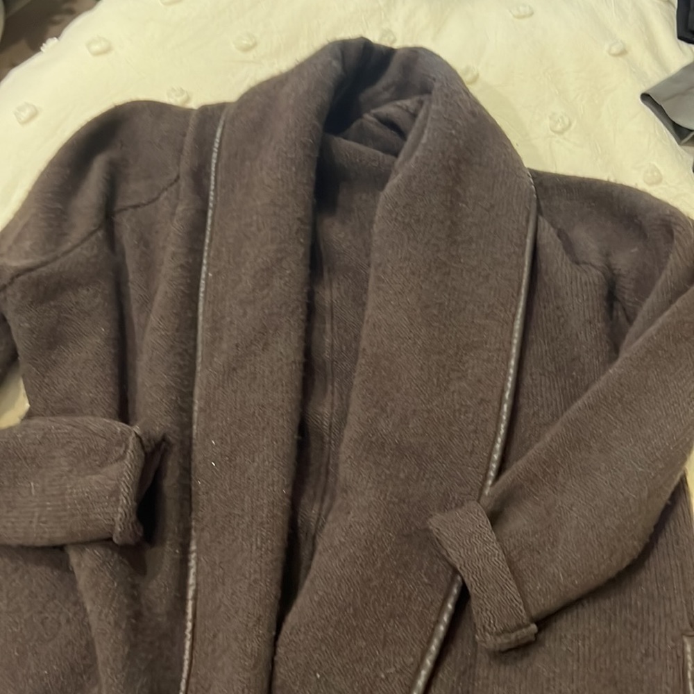Vince oversized shawl sweater with leather trim. Comfortable and easy to wear.